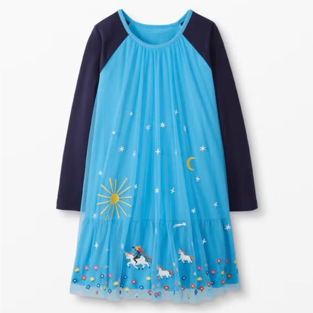 Hanna Andersson Embroidered Unicorn Sun Moon Stars Tulle Dress festive blue Sz 5